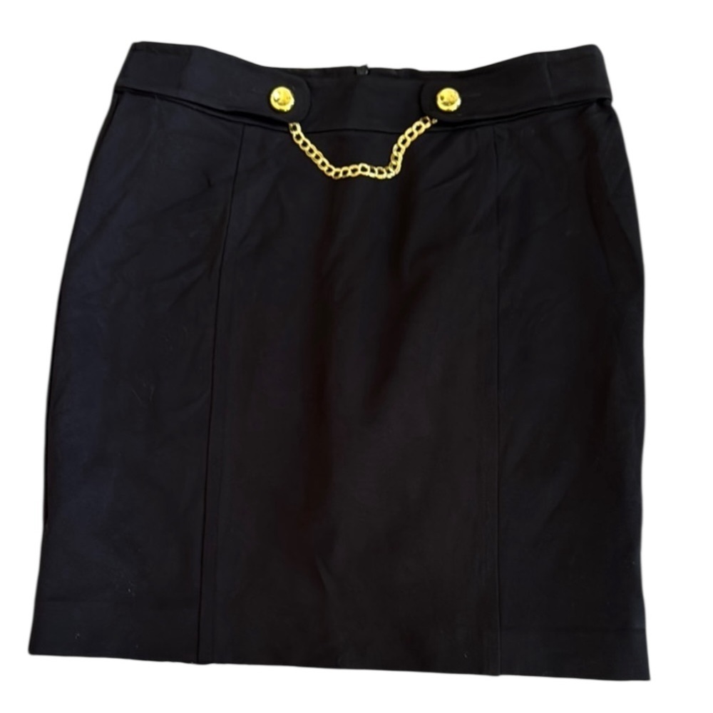 Trina Turk Black Pencil Skirt with Gold Buttons and Chain Detail, Size 8